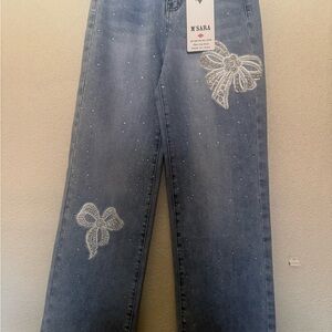 Sara Women's Light Blue Straight Leg Jeans with White Embroidered Bows